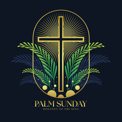 Palm sunday - Gold cross with light and green palm leaves around in line oval frame on dark blue background vector design