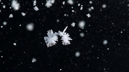 Macro photography two beautiful crystal snowflakes isolated on black background
