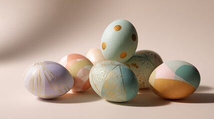 Hand-painted Easter eggs with geometric and gold accents, soft lighting, premium holiday decor