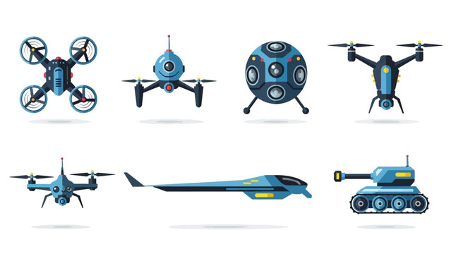 Collection of futuristic drones and vehicles vector illustration isolated
