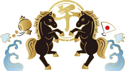 年賀2026　金色の跳ね馬と「午」の筆文字、対になった干支飾り　正月　日本　手描き　デザイン　