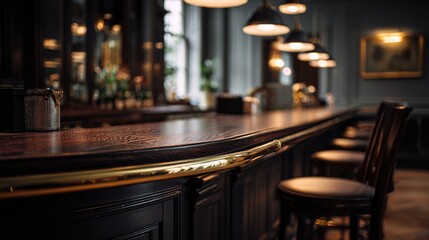 railings. A classic dark wood bar counter with polished brass railings and an empty stool. bar promotions, beverage menus, designed for product packaging and bar promotions, enhances appetite appeal.
