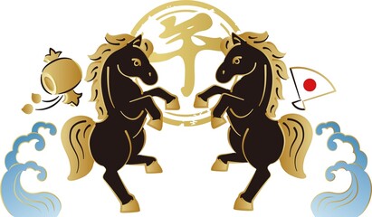 年賀2026　金色の跳ね馬と「午」の筆文字、対になった干支飾り　正月　日本　手描き　デザイン　