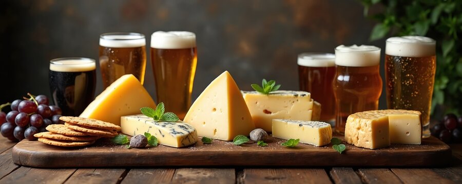 Assortment of cheese and craft beer served on rustic wood board. Various cheese types with mint garnishes. Glasses full of golden ale and dark stout, with grapes and crackers.
