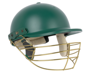Green cricket helmet with face grill isolated PNG, protective headgear for batsman safety on transparent background