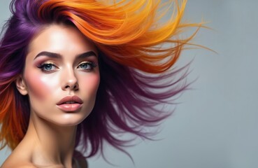 Naklejka premium Woman with vibrant multi colored hair in purple and orange. Creative makeup enhances her face. She poses with flowing locks in studio setting, radiating bold style and modern beauty.