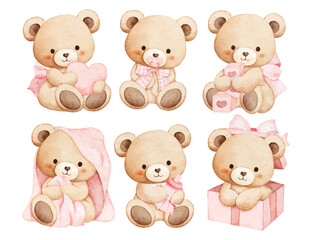 Fototapeta premium Watercolor Illustration Set of Adorable Baby Teddy Bears for Baby Shower and Nursery Decoration