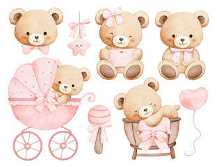 Watercolor Illustration Set of Adorable Baby Teddy Bears for Baby Shower and Nursery Decoration