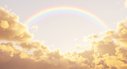 Obraz premium Grand arc-en-ciel �clatant traversant un ciel de nuages dor�s diffusant une lumi�re chaude et apaisante � l'horizon. AI Generated