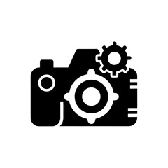 Camera with gear icon for settings adjustments on transparent background silhouette