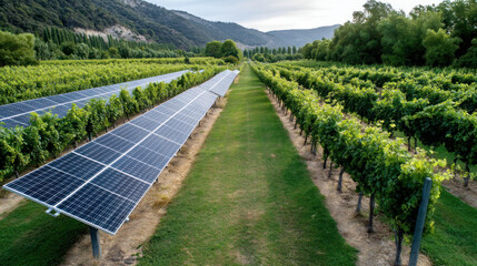 Environment and green energy concept, demonstrating sustainable business practices, renewable energy. Green energy powering agriculture, solar panels in a vineyard.