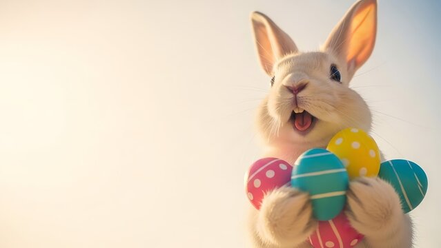 Adorable white bunny holding brightly colored decorated eggs against a bright sunny sky for easter celebration - Powered by Adobe