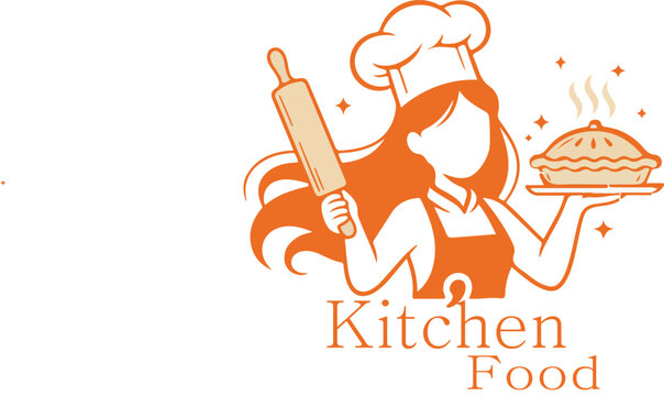 Female chef logo with rolling pin pie tray kitchen food concept for bakery branding and homemade cooking identity