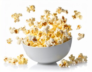 Popcorn bursting from a bowl in mid-air explosion on a white background