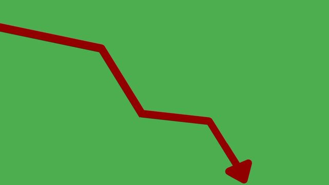 Animated falling red arrow representing economic recession on a clean green screen background for compositing use.