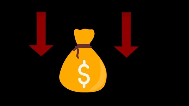 Recession icon animation featuring money bag and strong red downward arrow showing financial decline.