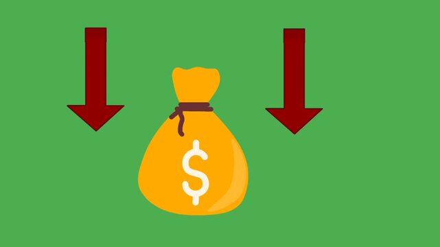 Recession icon animation featuring money bag and strong red downward arrow showing financial decline.