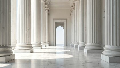 Majestic marble columns create an elegant hallway perspective leading to an arched doorway and bright sky. Interior design reflects classical architecture and grandeur.