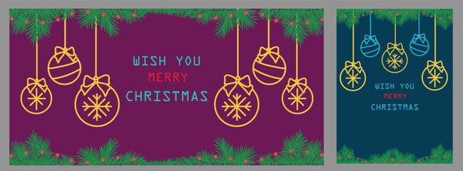 Christmas banner, poster and card set featuring glowing line-art ornaments, pine branches and festive lights. A vibrant holiday design perfect for greetings, winter celebrations and seasonal branding.