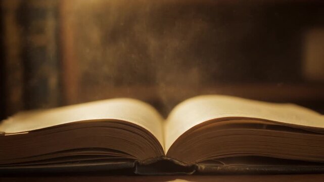 Video Close Up Of An Open Book In Warm Lighting Scene.