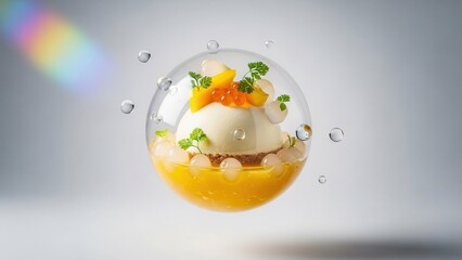 Conceptual fine dining dessert presented inside a clear sphere with water droplets, featuring a creamy dome, orange caviar, and microgreens over a yellow base