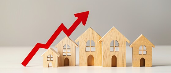 Wooden houses with growth arrow symbolizing success.