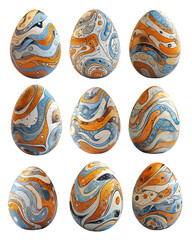 Fototapeta premium Decorative Easter egg with shimmering pastel stripes in gold, blue, and purple isolated on white transparent background