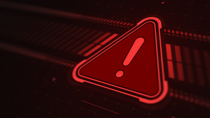 System alert cybersecurity warning, glowing red exclamation mark inside triangle on dark background