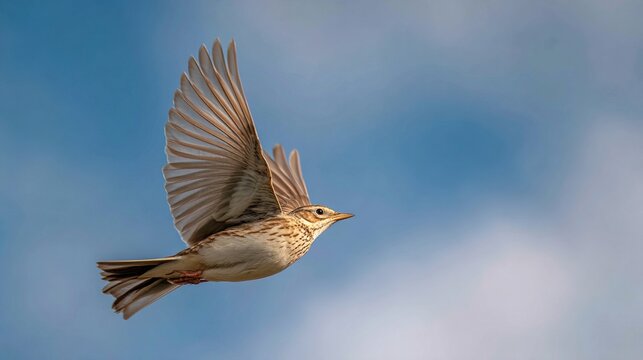 skylark. A skylark bird soaring high in the blue sky with its wings fully spread. wildlife magazines, conservation campaigns, designed for eco-tourism storytelling, promotes animal welfare.
