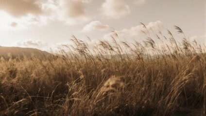 Golden Field of Reeds Swaying in the Gentle Breeze Under a Softly Clouded Sky.