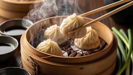 Chopsticks Lifting Warm Dumplings Above Bamboo Steamer Surrounded by Drifting Steam and Rich Textures