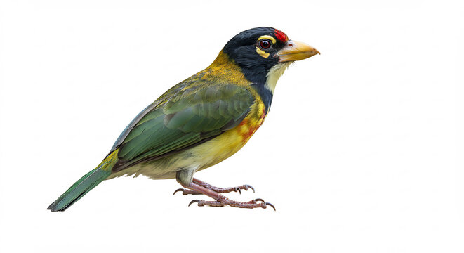 Oiseau exotique vibrant aux couleurs �clatantes vert jaune rouge isol� sur fond blanc immacul� puret�. AI Generated