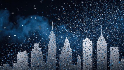 Silhouette city skyline with sparkling blue confetti against a dark gradient backdrop