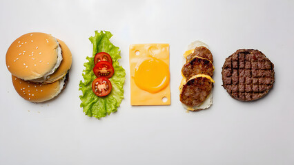 Burger Ingredients Arranged Separately on White Background, Top View