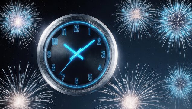 Glowing blue clock surrounded by bright, exploding fireworks against a dark night sky