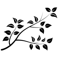 A minimalist illustration of a branch with leaves in black silhouette, depicting natural elements