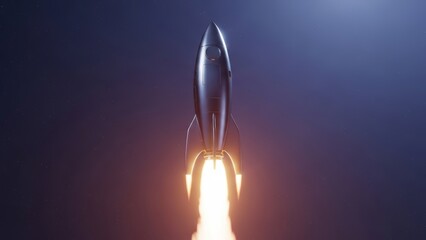 Sleek retro style rocket blasting off into the dark starry night sky with powerful bright engine flames