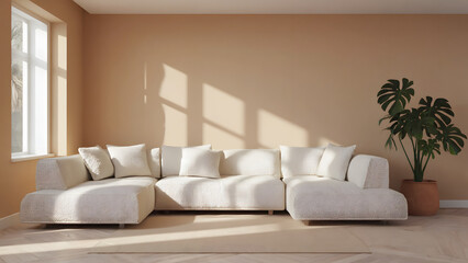 Modern Living Room with White Sectional Sofa and Large Window with Sunlight