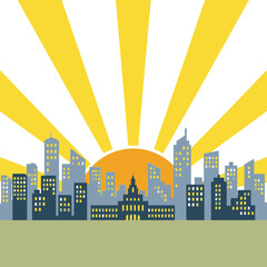 City skyline illustration with rising sun in the background. Urban landscape design.