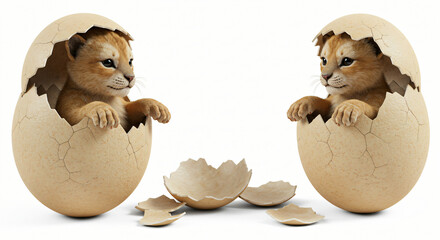 Adorable lion cubs playfully emerge from cracked eggs, symbolizing the innocent beginnings of new life and unexpected wonders in a charming, conceptual scene against a pristine white background