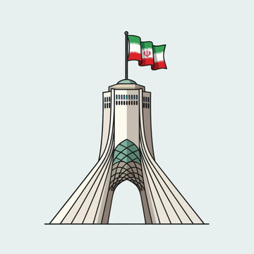 Vector illustration of the azadi tower in tehran with the iranian flag on top.