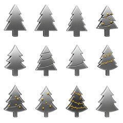 Obraz premium sixteen precise 3d isometric christmas tree icons, materialized in high-gloss metallic silver, arranged in a grid on a transparent background with soft shadows. concept for sophisticated graphic
