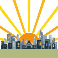 Cityscape silhouette with sunburst. Urban skyline with modern buildings and architecture.
