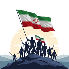 Silhouettes of soldiers with the iran flag on a mountain peak symbolizing victory.