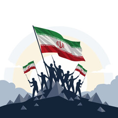 Silhouettes of people holding iran flags on mountain top, national pride concept art.