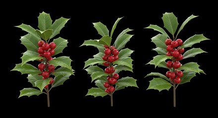 Fototapeta premium Three Lush Green Holly Branches Adorned with Bright Red Berries for Festive Decor