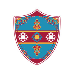 Decorative shield with traditional floral and geometric patterns in vibrant colors. Vector.