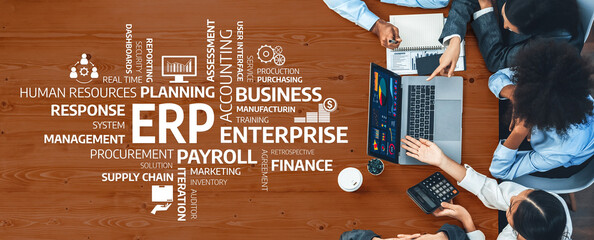 Panorama top view multiracial analyst team use BI dashboard display on laptop screen, analyzing financial data for strategic decision. Fintech analyzes marketing indicators. Concord Amity