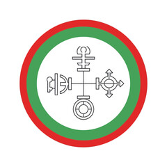 Vector graphic of alchemical symbol in a circle with red and green border, isolated.