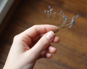 Hand holding delicate small dried purple flowers against a blurred wooden background with soft natural light